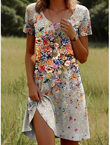  Damen Minikleid Freizeitkleid T-Shirt-Kleid Sommerkleid A Linie Kleid Stilvoll Lässig Ferien Strand Normale Passform Ombre Blumen Grafik Kurzarm Rundhalsausschnitt Rundausschnitt Eisblau Weiß Rosa