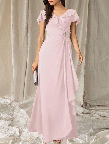  Vestidos para Invitadas de Boda en Corte en Línea Vestido Elegante Invitada de Boda Longitud de Suelo Manga Corta Escote en V de Chifón con Pliegues Volantes
