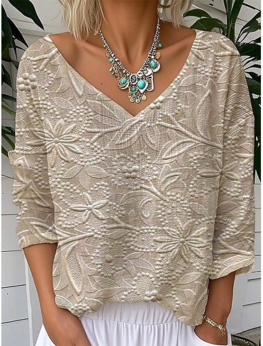  בגדי ריקוד נשים חולצה פרחוני גראפי צמחים וינטאג' טרופי מסוגנן שרוול 4\3 צווארון V חולצות רגילות יומי ליציאה סוף שבוע כסף זהב חאקי קיץ אביב