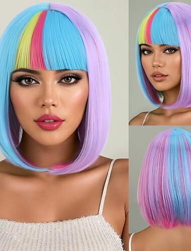  人工毛ウィッグ ストレート ナチュラルストレート レイヤード・ヘアカット ニートバング 機械製 かつら 12 インチ A1 合成 女性用 ソフト クラシック カラーグラデーション 多色
