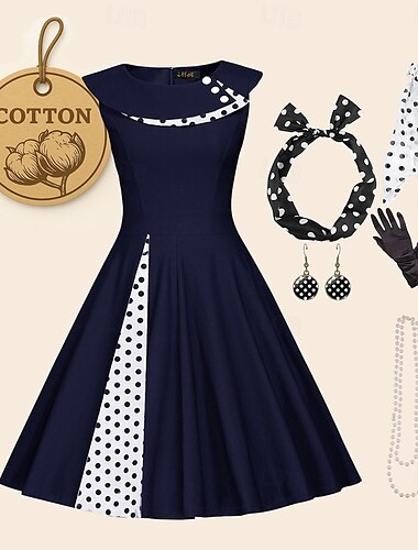  Conjunto de los años 50, vestido acampanado, 7 piezas, conjunto de accesorios de los años 50, vestido retro vintage con vuelo, disfraz de cosplay para mujer, fiesta, cita, festival