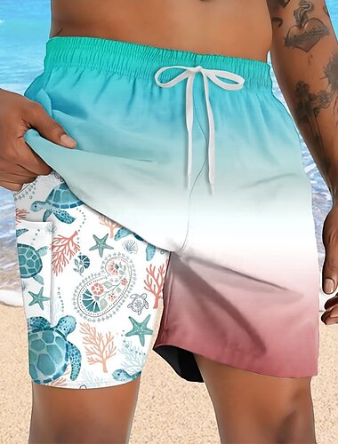  Herren Schildkröten Meeresbewohner Gefütterte Shorts 2 in 1 Badeshorts Badeshorts Mittlere Taille Hawaiianisch Urlaub Ferien Strandbekleidung Seitentaschen Mit Kompressionsfutter Elastischer