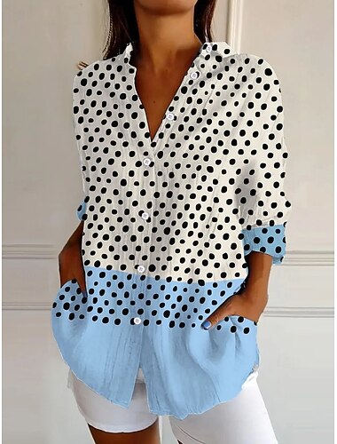  Camicia da donna con colletto a bottoni tunica a maniche lunghe grafica geometrica a pois elegante top regolari a maniche corte quotidiano verde salvia giallo blu viola primavera