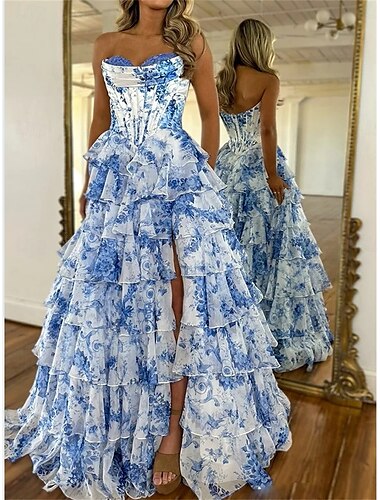  A-Linien-Quinceanera Kleider Korsett Schichtkleid Hochzeit Hochzeitsgast Bodenlänglich Ärmellos Trägerlos Chiffon Rückfrei mit Floralprint Hochzeitsgastkleid 2025
