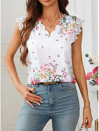  Damen Camisole-Tanktop Blumen Grafik Täglich Lässig Ärmellos V Ausschnitt Normale Oberteile Täglich Spitze Patchwork Druck Weiß Sommer