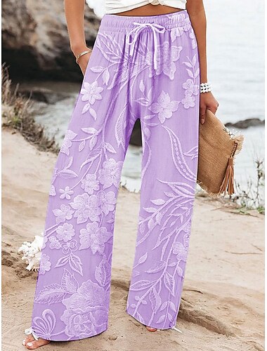  Damen Weites Bein Chinos Baggy-Hosen Urlaub Mode Hawaiianisch Volle Länge Hohe Taille Blumen Grafik Drucken Atmungsaktiv Weich Mikroelastisch Lässig Täglich Alltagstauglich Rosa Blau Purpur Beige