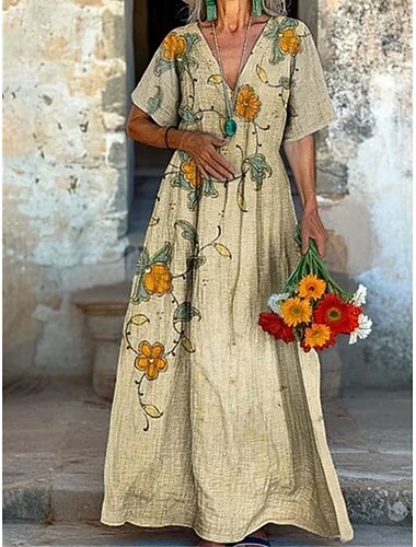  Per donna Abito Lungo Maxi Abito Abiti in cotone e lino Vestito Casual Abito Boho Abito occidentale Moda All'aperto Feste Ferie Vestibilità regolare Fiore Manica Corta Scollo a V Rosso Blu Verde Cachi