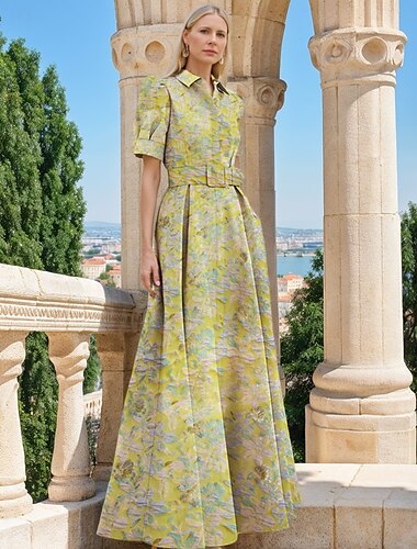  Jacquard Brokat Floral A-Linie Abendkleid Elegantes Kleid Formelle Hochzeit Bodenlang Kurzarm Hemdkragen Nylon mit Gespaltenen Taschen Hochzeitsgastkleid 2025