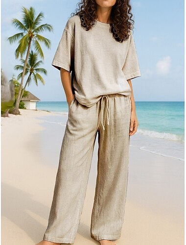  Femmes Actif Basique Ensembles deux pièces Ensembles de Pantalons Demi Manches Col ras du cou Couleur Unie Décontracté Quotidien bleu marine Marron Vert Été Coupe régulière