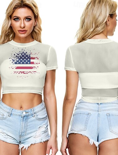  Unabhängigkeitstag 4. Juli USA Flagge T-Shirt Bauchfreies Top Manga USA Flagge Grafik Für Damen Erwachsene Maskerade 4. Juli 3D-Druck Festival