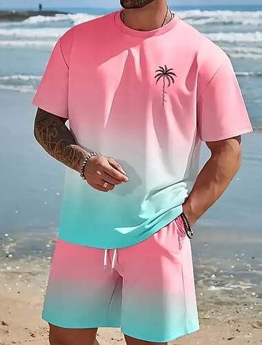  Homme Palmier 2 pièces Ensembles de tees Hauts d'été Manche Courte Pantalon court Col ras du cou Décontracté Quotidien Resort Vacances Sortir Décontracté Quotidien Col rond Été Rose Claire