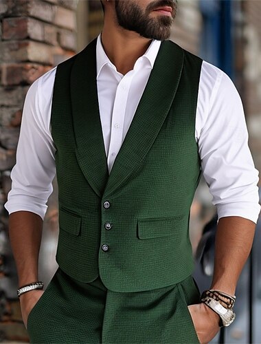  Per uomo Gilet Vacanza Feste Affari Moda Casual Estate Primavera Bottoni Tasca Poliestere Confortevole Semplice Monopetto Bavero Vestibilità regolare Verde scuro Gilet
