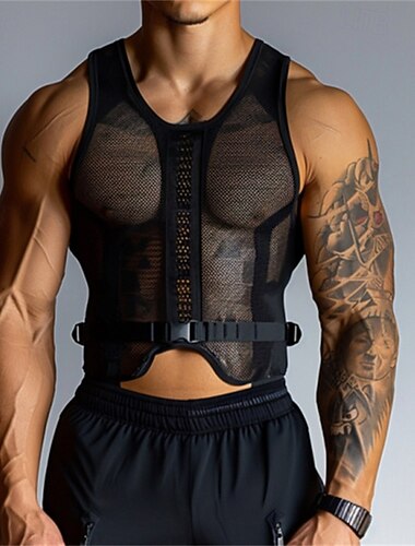  Men's Tank Top Vest Top Undershirt Sleeveless Shirt Sleeveless Crew Neck Summer Plain Fashion Designer Basic Classic Mesh Vacation Street Going out Black Top Tee for Men