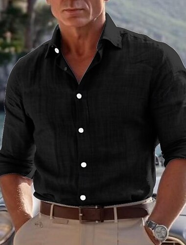  Per uomo Camicia di cotone Nero Bianco Kaki Grigio scuro Azzurro Manica Lunga Semplice Bavero Vacanza Abbigliamento Moda Casual Confortevole