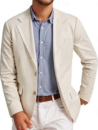  Blazer de lino para hombre moda casual verano blazer de color sólido beige corte estándar de un solo botón y dos botones