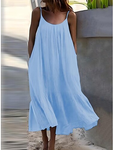  Dámské Maxi šaty Bavlněné lněné šaty Volnočasové šaty Tankové šaty Slip Dress Základní Na běžné nošení Dovolená Denní Běžný Bez vzoru Bez rukávů Do U Černá Bílá Vodní modrá Fialová Léto