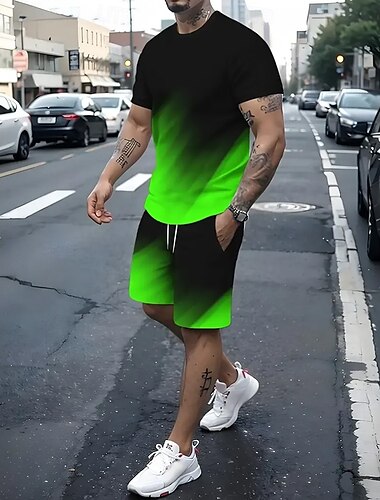  בגדי ריקוד גברים שיפוע 2 יחידות ערכות טיז צמרות קיץ שרוולים קצרים מכנסיים קצרים צווארון עגול קצר בגדי ספורט ומנוחה ספורט וחוץ קזו'אל יומי הדפסת תלת מימד קיץ ירוק אודם פול