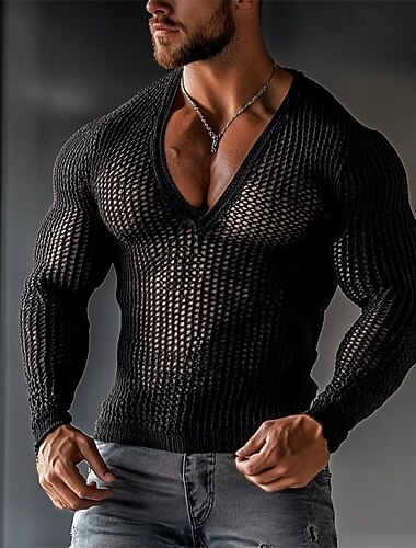  Homens Camiseta Camisetas T-shirt Camisa de manga longa Manga Longa Decote V Verão Tecido Moda Designer Básico Com Transparência Férias Rua Para Noite Preto Top Tee para Homens