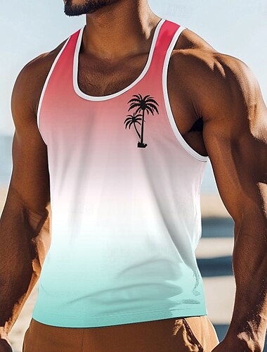  Herren Farbverlauf Kokospalme T Shirt Weste Ärmellos T-Shirt 3D-Druck Rundhalsausschnitt Hemd Urlaub Lässig Lässig Hawaiianisch Ferien Rosa Blau Orange Sommer Frühling Bekleidung S M L XL XXL XXXL
