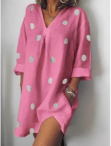  Damen Mini Kleid Shift Kleid Casual Outdoor Strand Leinen Regulär Fit Grafik Polka Dot Langarm V-Ausschnitt Weiß Pink Blau Grau Sommer