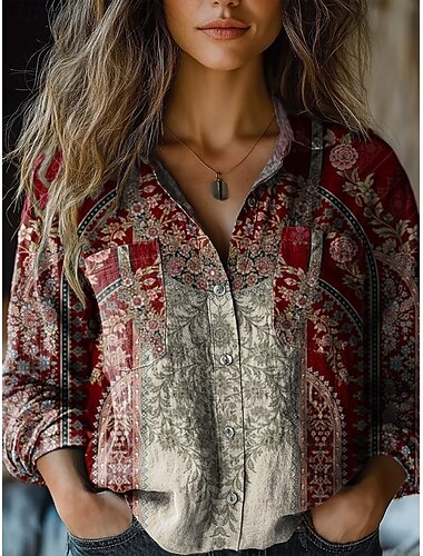  Damen Hemd Blumen Paisley-Muster Stilvoll Modern Langarm Hemdkragen Normale Oberteile Täglich Ferien Knöpfe Tasche Druck Kastanienbraun Schwarz Gelb Wein Rote Sommer