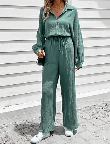  Mulheres Normal Macacão Roupa de rua Côr Sólida Manga Longa Reto Colarinho de Camisa Com Cordão Rua Diário Normal Verde Verão