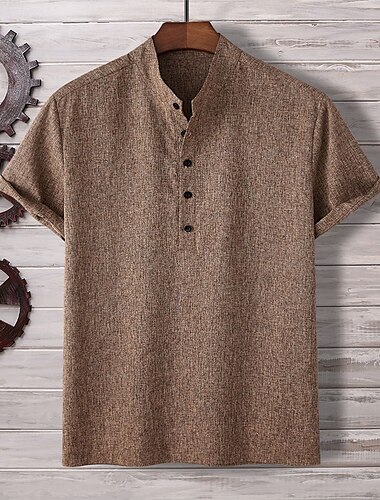  Voor heren Overhemd Zomer overhemd Normaal shirt Strand hemd Overhemd met knopen Kameel Korte mouw Effen Henley Vakantie Hawaii Kleding Polyester Modieus Casual Comfortabel