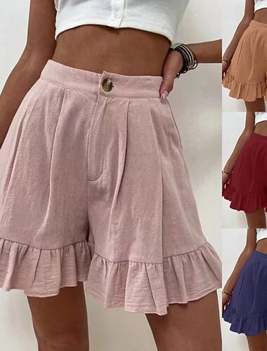  Mujer Pantalones cortos inspirados en el lino Pantalón corto pantalones Casual Corto Cintura Media Plano Hebilla Confortable Al Aire Libre Vacaciones Noche Magenta oscuro Vino Celeste Cielo Negro