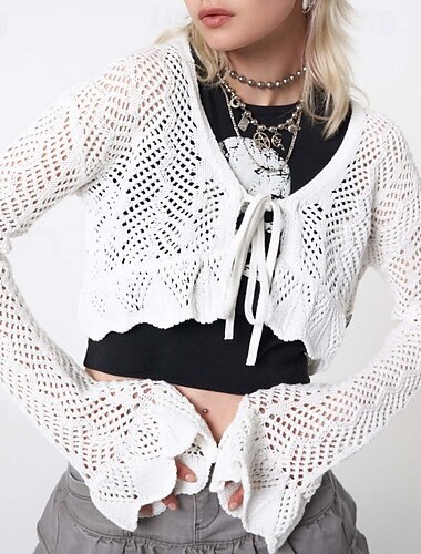  Per donna Camicia Blusa Semplice Moderno Casual Manica Lunga Scollo a V Top corti Quotidiano Uscire Taglio Nero Bianco Estate