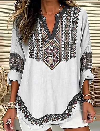  Femmes Chemise Fleuri Graphique Bohème ancien Tropical manche longue Col en V Hauts Réguliers Quotidien Fête Vêtements de vacances Imprimé Blanche Kaki Été Printemps
