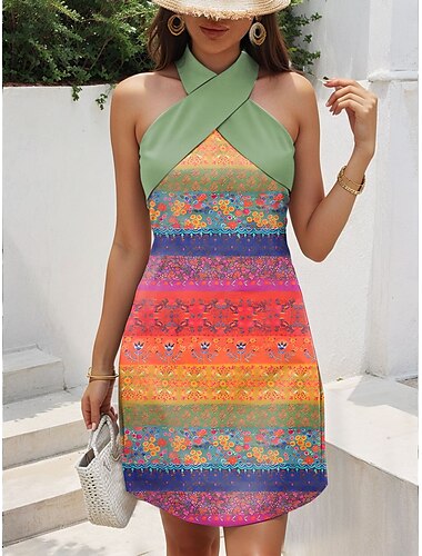  Damen Minikleid Sommerkleid A Linie Kleid Urlaub Lässig Outdoor Ausgehen Normale Passform Blumen Grafik Ärmellos Neckholder Weiß Blau Grün Sommer