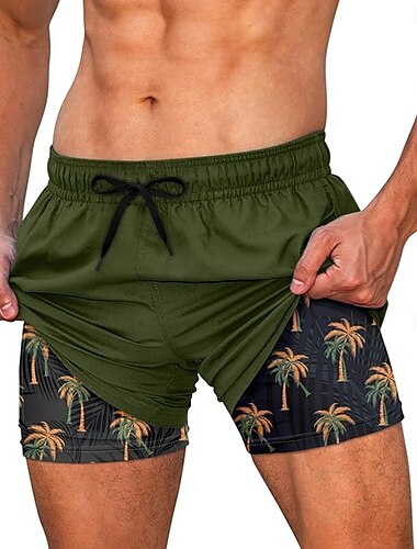  Herren Kokospalme Palmblatt Gefütterte Shorts 2 in 1 Badeshorts Badeshorts Mittlere Taille Hawaiianisch Urlaub Strandbekleidung Seitentaschen Mit Kompressionsfutter Elastischer Kordelzug in der Taille
