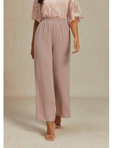 Damen Weite Chino Baggy Hose Basic Voller Länge Hochtailliert Schlicht Taschen Elastischer Bund Bequem Weich Angenehm Mikro-elastisch Formal Hochzeit Blush Pink Sommer Frühling Reguläre Passform