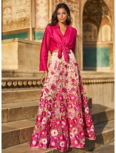  rosa florales zweiteiliges A-Linien-Abendkleid, elegantes Abendkleid für Hochzeitsgäste, bodenlanges Langarm-Hemdkragen-Satin mit gestickten Applikationen 2025