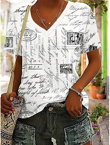  Damen T Shirt Sommeroberteile Grafik Buchstabe Klassisch Lässig Kurzarm V Ausschnitt Crop Tops Täglich Wochenende Druck Weiß Sommer Frühling Herbst