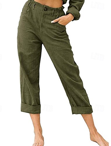  Mulheres Calças de linho de algodão Calças Moda Roupa de rua Comprimento total Natural Tecido Bolsos Cintura elástica Confortável Exterior Férias Feriado Magenta Vinho Adamascado Azul de céu claro