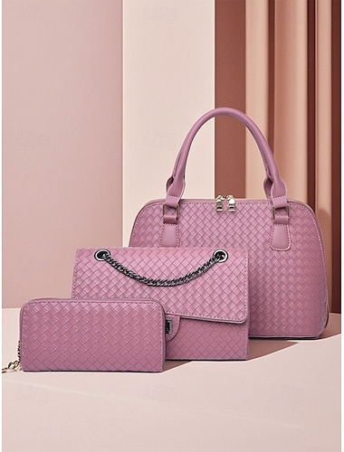  3-delad handväska i brunt vävt konstläder för kvinnor – elegant väska, crossbody-väska och plånbok för arbete, resor och dagligt bruk svart vit rosa