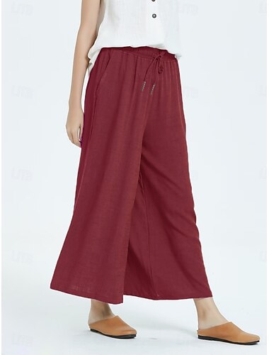  Damen Baumwoll-Leinen Weite Beinhosen Einfarbige Chinos Baggy-Hosen Basic Lässig Knöchellang Hohe Taille Einfache Taschen Kordelzug Komfort Outdoor Mikro-elastisch Urlaub Straße Alltag Grau Schwarz