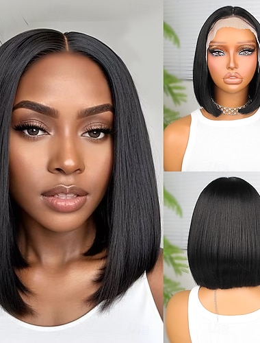  Синтетический парик шнурка Прямой Стиль 10 дюймовый Черный Средняя часть 13x4 Кружева Фронт Парик Жен. Парик Черный