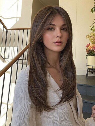  Natural Long Wigs for Women with Fringe Synthetic Heat Resistant Hair Ombre Brown Wig for Daily Party Cosplay Use