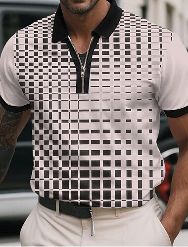  Herren Geometrisch Linie Poloshirts mit Reißverschluss Kurzarm Polo-Shirts Hemden mit Kragen Business-Casual Geschäft Athleisure Büro-Outfit Alltagskleidung 3D-Druck Sommer Rosa Blau Khaki