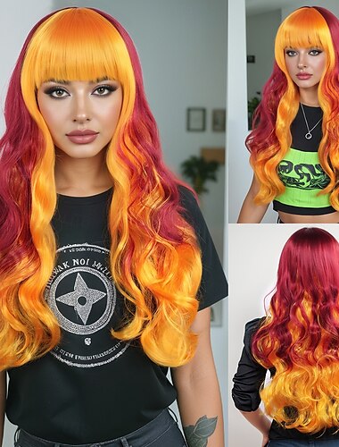  Pelucas sintéticas Ondulado Tejido rizado Corte a capas Flequillo recto Hecho a Máquina Peluca 26 pulgadas A1 Pelo sintético Mujer Fresco Clásico Cómodo Múltiples colores