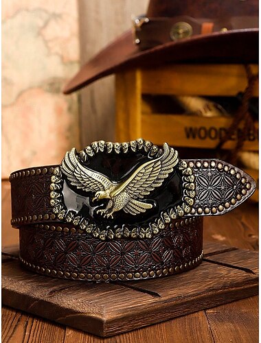  Herren-Ledergürtel im Westernstil mit Adlerschnalle – Vintage-Prägungsdesign mit Nieten, ideal für Freizeit- und Country-Kleidung