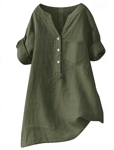  Per donna Camicia Camicie di cotone e lino Blusa Semplice Moderno Casual Manica Lunga Scollo a V Top Regolari Quotidiano Ferie Uscire Bottoni Tasca Nero Bianco Verde militare Beige Estate