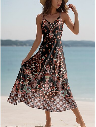  Pentru femei Rochie Maxi Rochie de Vară Rochie A line Rochie Slip Vacanță Casual Boho Plajă Fit regulat Grafic Epocă Damasc Boho Paisley Fără manșon În V Roșu-aprins Albastru piscină Mov Trifoi Var