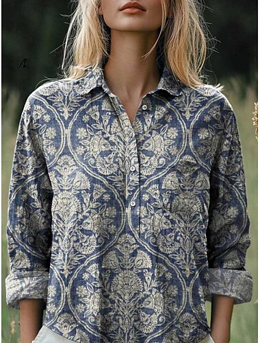  Femmes Chemise Fleuri Rétro Vintage Ethnique manche longue Col de chemise Hauts Réguliers Quotidien Fête Boutons Avec Poches Imprimé bleu marine Bleu Kaki Beige Été