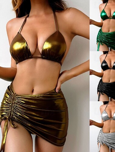  Per donna Costumi da bagno Bikini Tre Pezzi Costume da bagno Senza schiena Tropicale Abbigliamento da Spiaggia Semplice All'americana Senza Maniche Costumi da bagno