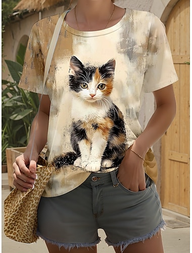  Femmes T-shirt Graphique Animal Chat Élégant Classique Moderne Manche Courte Col ras du cou Col rond Hauts Réguliers Quotidien Sortir Week-end Imprimé Marron clair Été Printemps