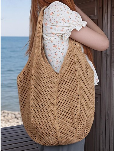  Gestrickte, gewebte Schultertasche für Damen – große Strandtasche im Bohemian-Mesh-Stil für Sommerreisen und den täglichen Gebrauch