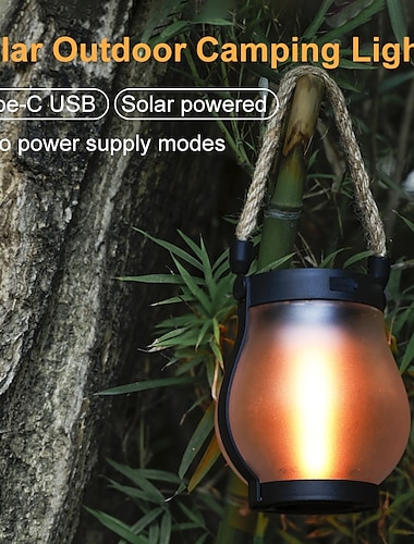  1 Pc Solar Lanterns Outdoor Solar Waterproof Hemp Rope Flame Lights Hanging Camping Lamp Courtyard Decoration Multifunctional Lighting Lamp